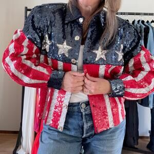 Vintage 80s Modi Women's Small Sequin American Flag Jacket 4th of July Glam